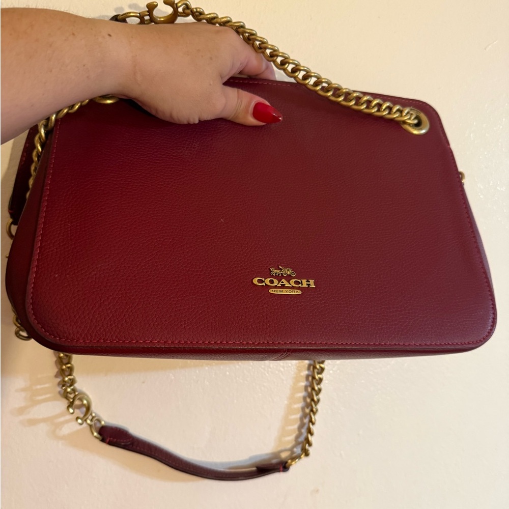 Coach Red Leather Shoulder Bag with Gold Chain